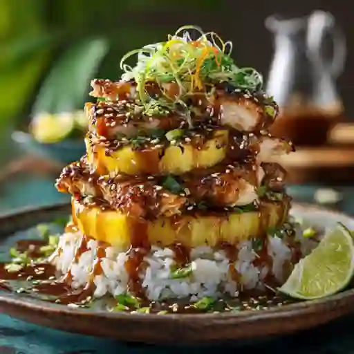 Hawaiian Huli Huli Chicken Stack with pineapple and glaze