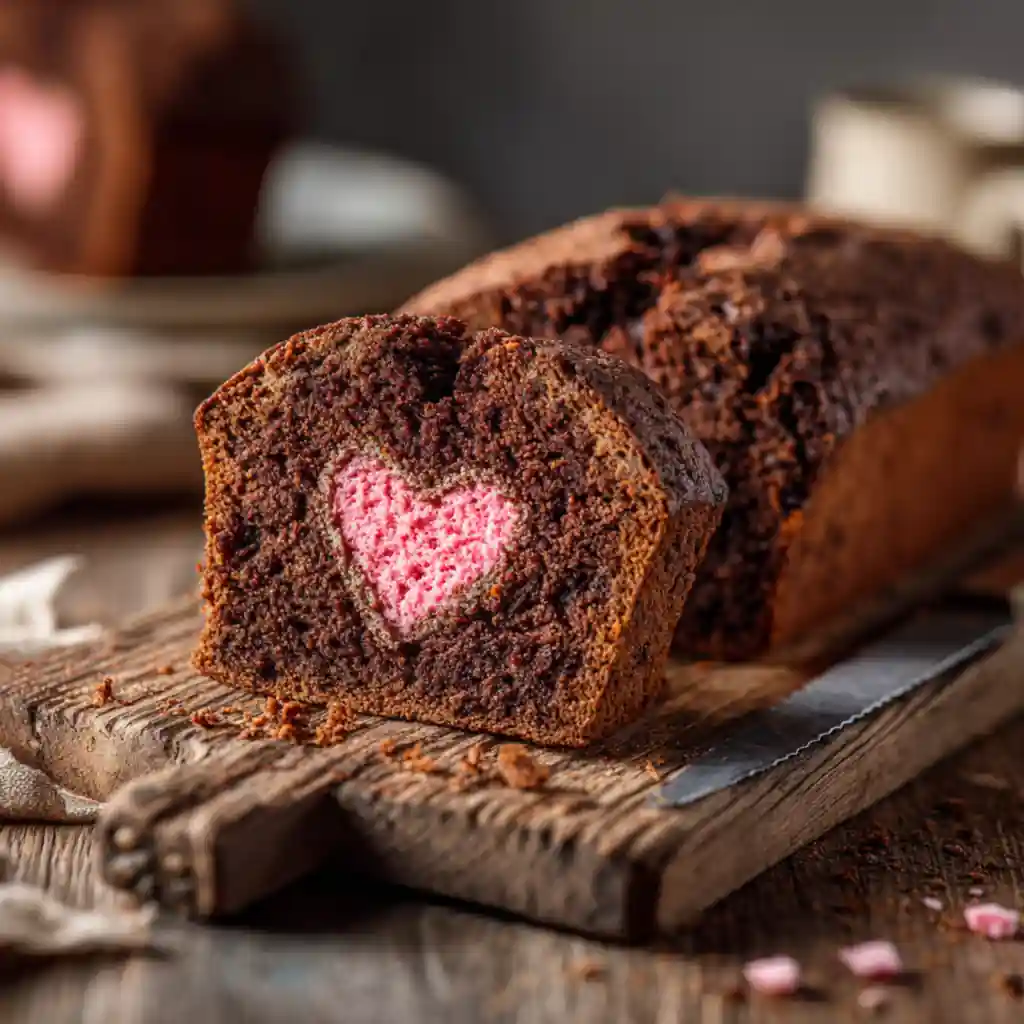Hidden heart chocolate loaf cake slice showing pink heart center