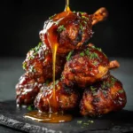 Sticky honey bourbon chicken lollipops on a serving plate