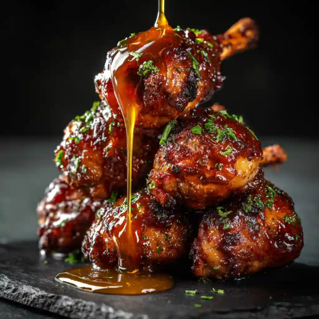 Sticky honey bourbon chicken lollipops on a serving plate