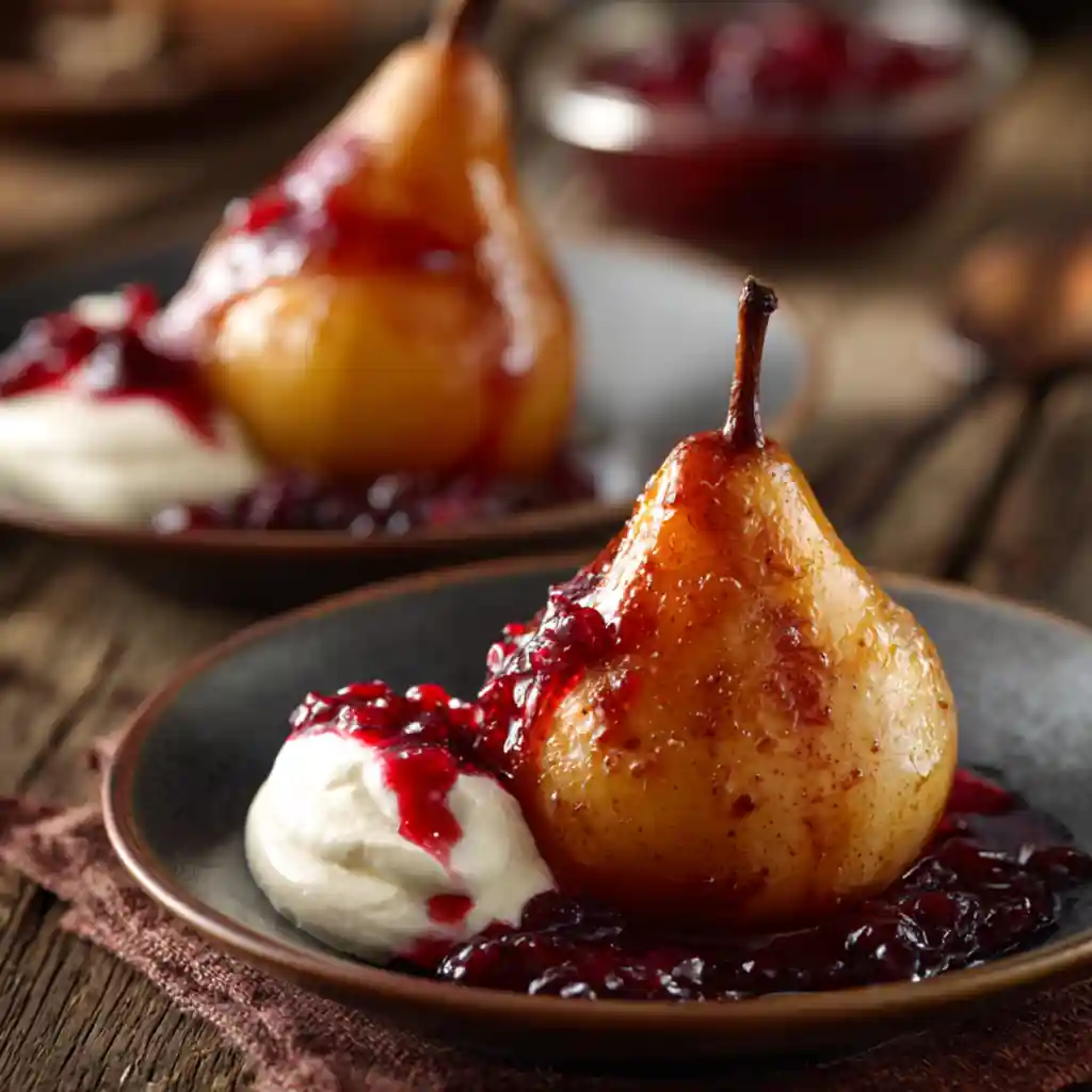 Honey-Roasted Pears with Mascarpone and Cranberry Drizzle – warm roasted pears with honey glaze and cranberry sauce