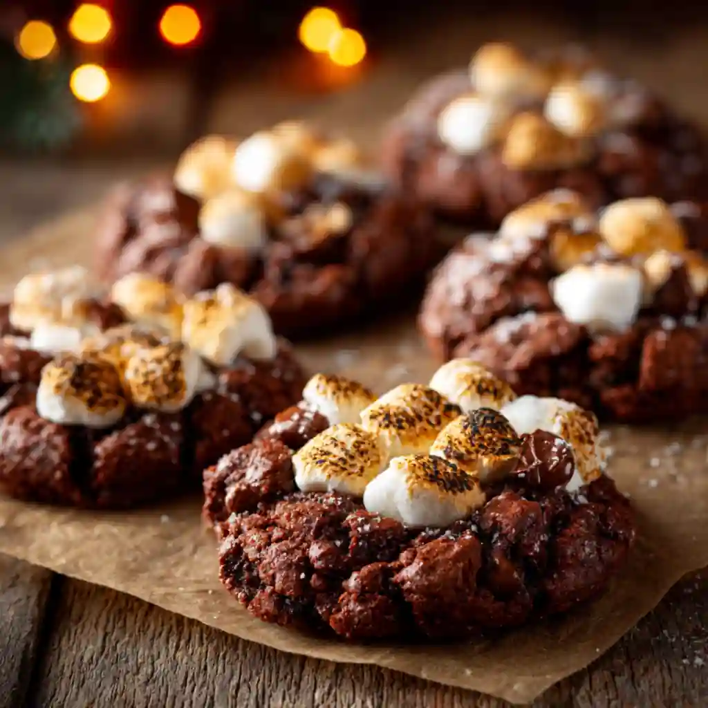 Gooey chocolate cookies with melted marshmallows on top