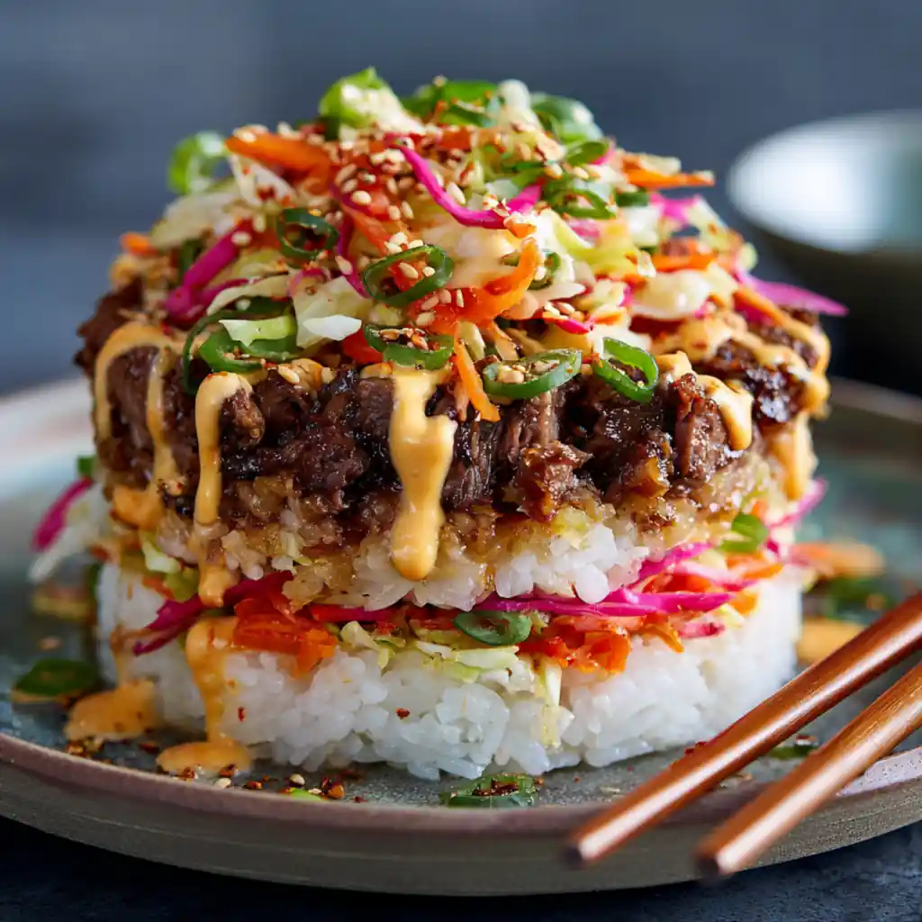 Korean BBQ beef rice stack layered with sticky rice, beef, slaw, and spicy mayo