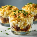 Mac and Cheese Cowboy Cups – Smoky, Cheesy, Snack-Sized Bliss 3 Baked mac and cheese cowboy cups topped with BBQ beef and cheddar