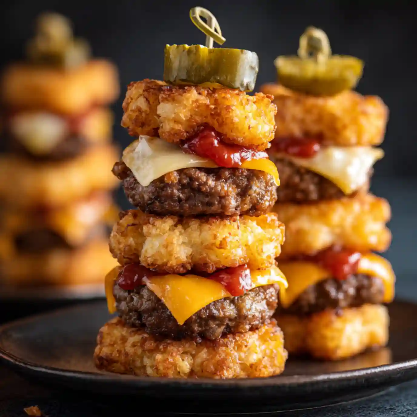 Mini Tater Tot Cheeseburgers - Crispy, Melty, Snackable Bliss 2 Mini tater tot cheeseburgers stacked with cheddar, pickles, and beef