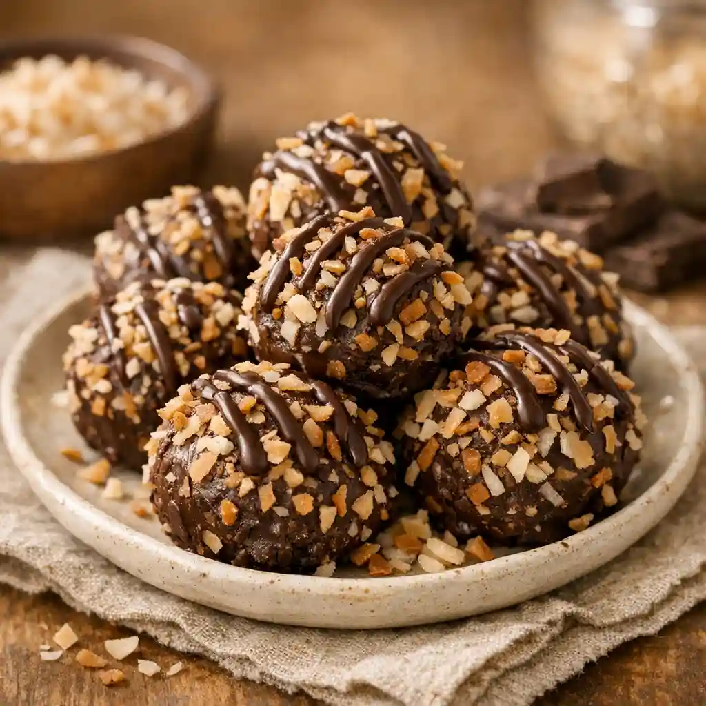 Samoa truffles with chocolate and toasted coconut on a plate