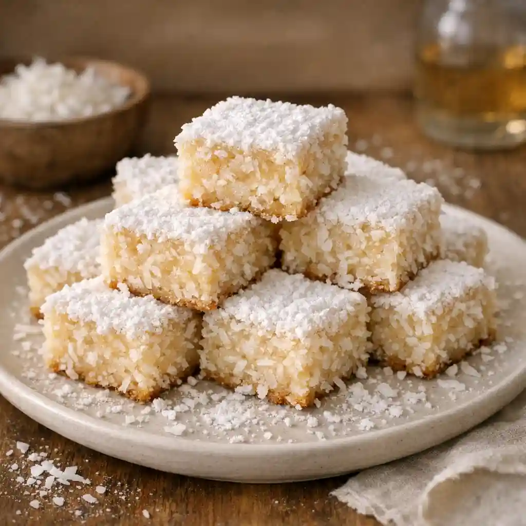 Easy Coconut Rum Snow Squares for a Cozy Homemade Treat 1 Coconut Rum Snow Squares dusted with powdered sugar on a baking tray