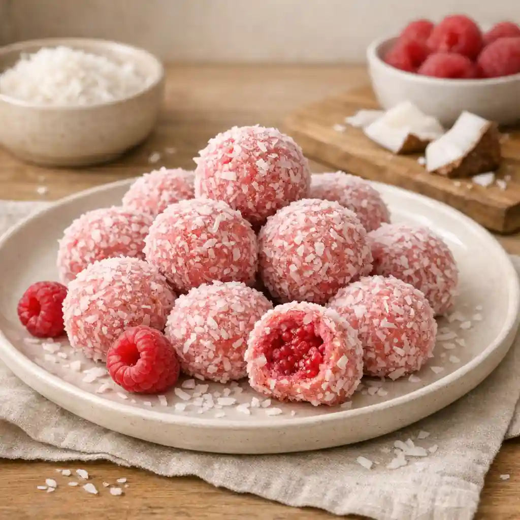 Raspberry Coconut Balls Made Simple 1 Raspberry Coconut Balls arranged on a plate in a cozy kitchen setting