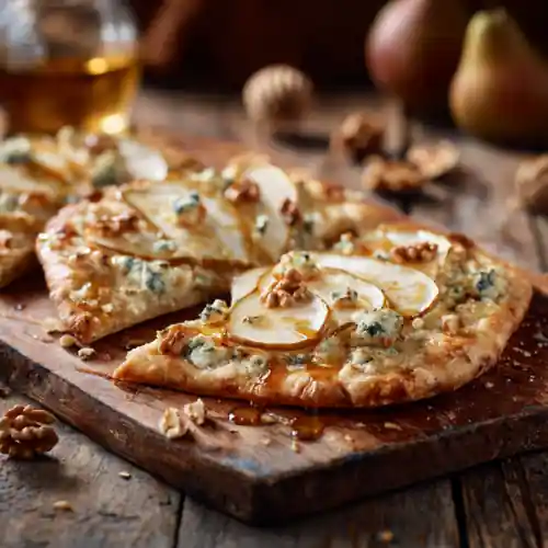 Pear and Gorgonzola Flatbread with honey and walnuts