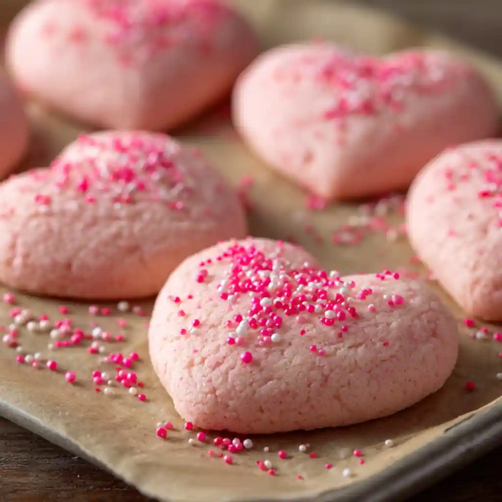 Soft Pink Valentine’s Day Cookies: Sweet, Simple, and Heartfelt 2 Soft pink Valentine’s Day cookies on a tray with sprinkles