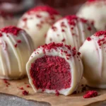 Red Velvet Truffles – creamy cake truffles coated in white chocolate with red crumbs on top