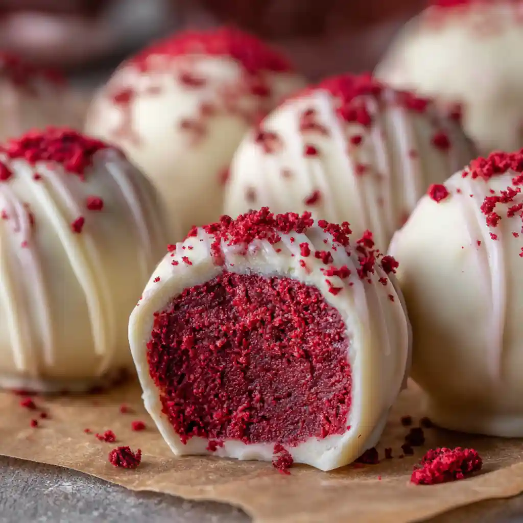 Red Velvet Truffles – creamy cake truffles coated in white chocolate with red crumbs on top
