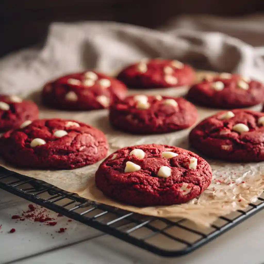 Red Velvet Valentine Cookies with Cream Cheese Chips on baking tray