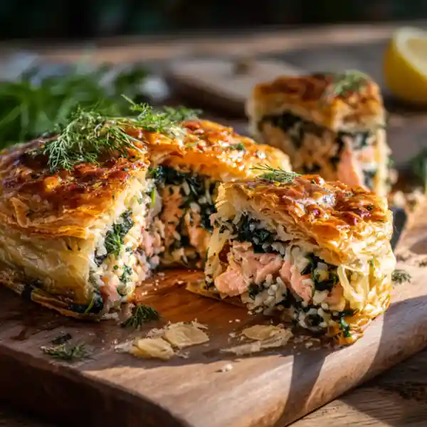 Rice and Spinach Puff Pastry Salmon Cake – golden pastry filled with salmon, rice, and spinach