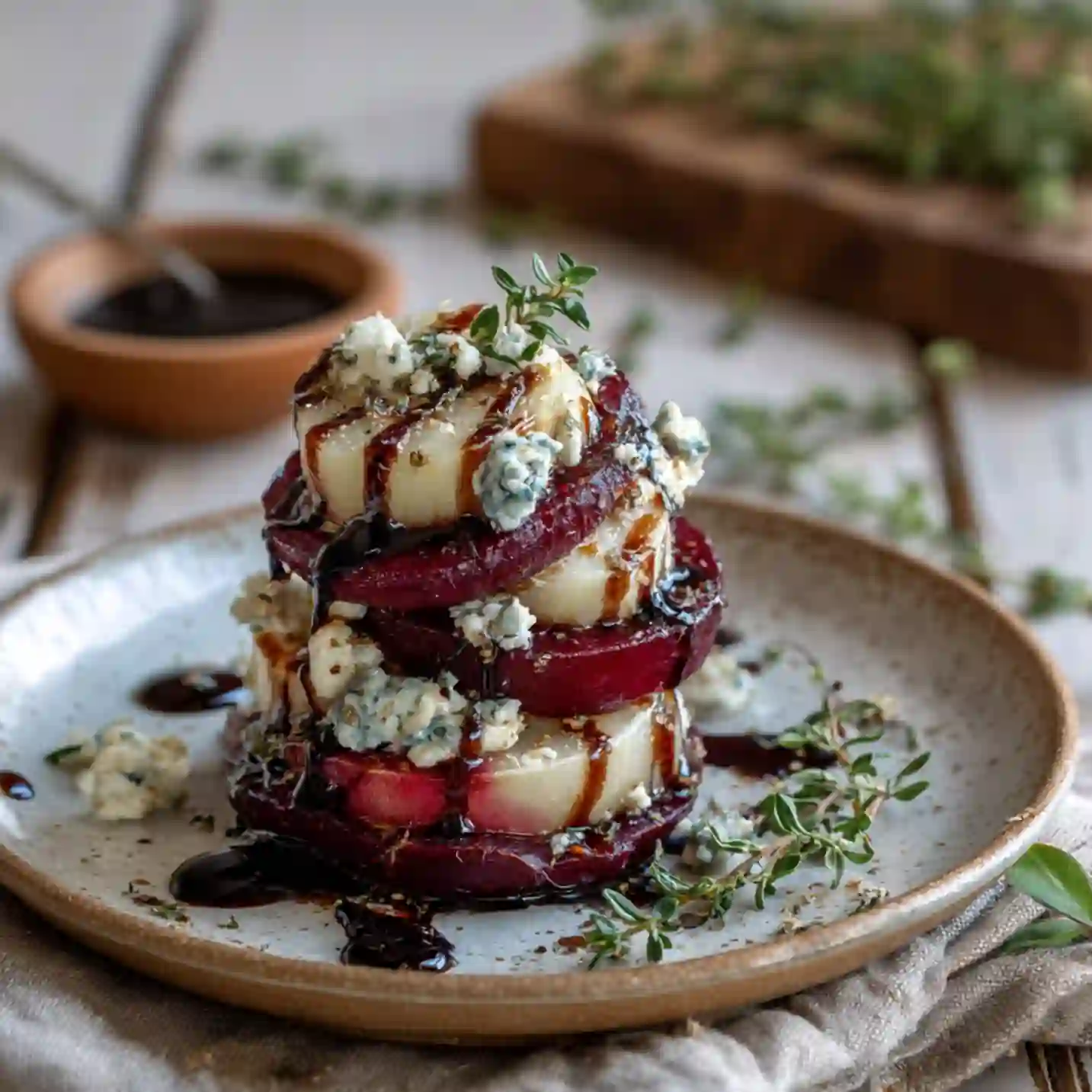 Roasted Beet Blue Cheese Towers with Pear & Balsamic Glaze – Elegant & Easy
