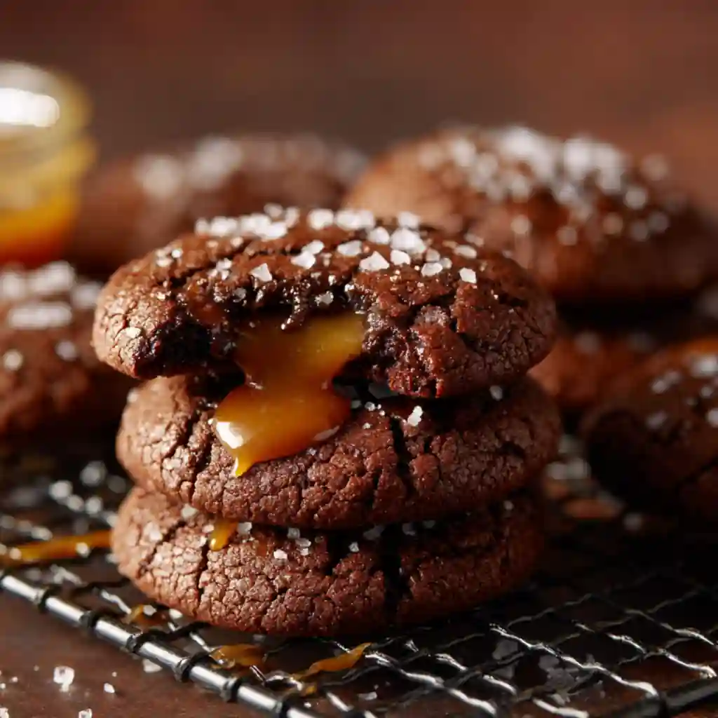 Chocolate lava cookies with gooey caramel center and sea salt flakes