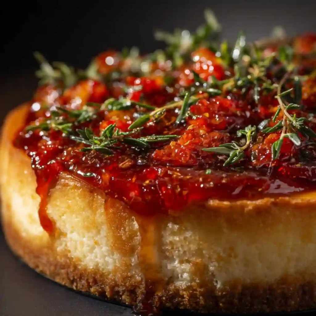 Savory cheesecake with roasted tomato jam and parmesan crust on serving plate