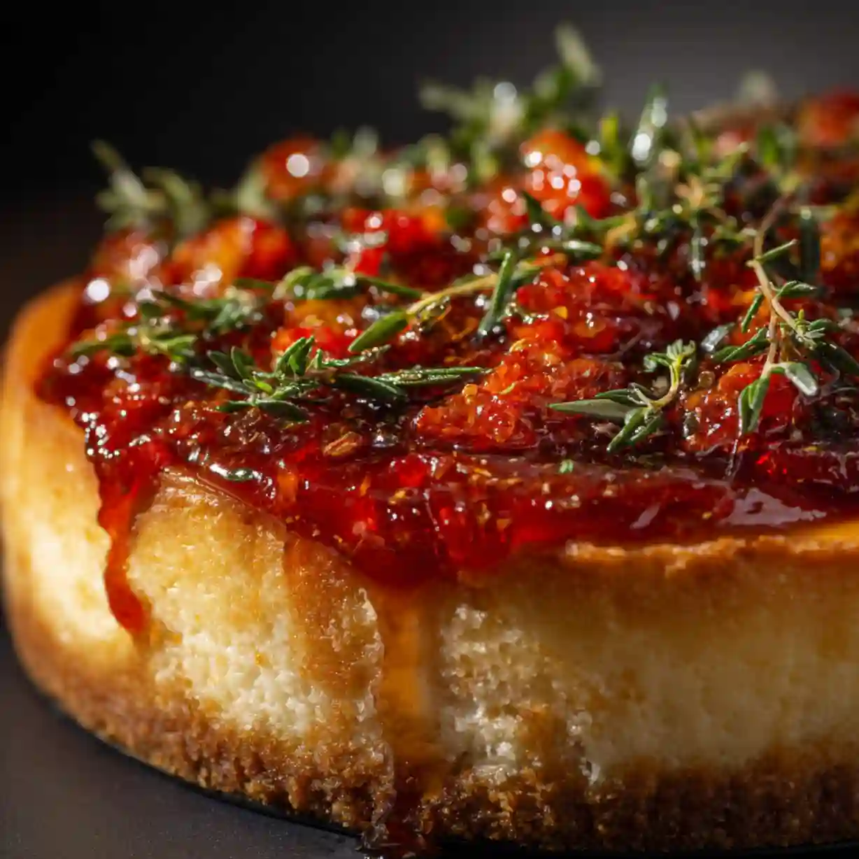 Savory cheesecake with roasted tomato jam and parmesan crust on serving plate