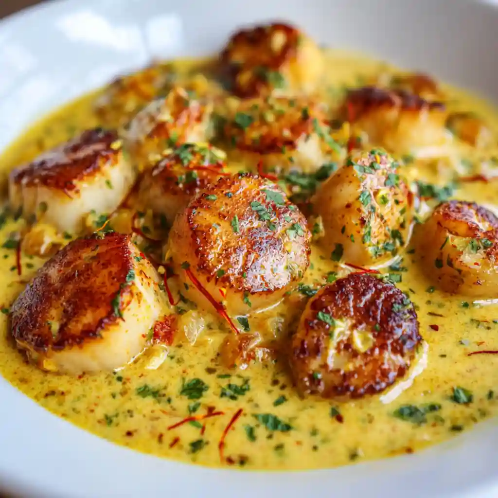 Scallops in saffron cream sauce – golden, elegant seafood dish