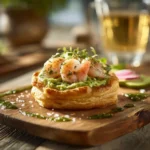 Shrimp and Avocado Tart with Herb Oil on flaky puff pastry