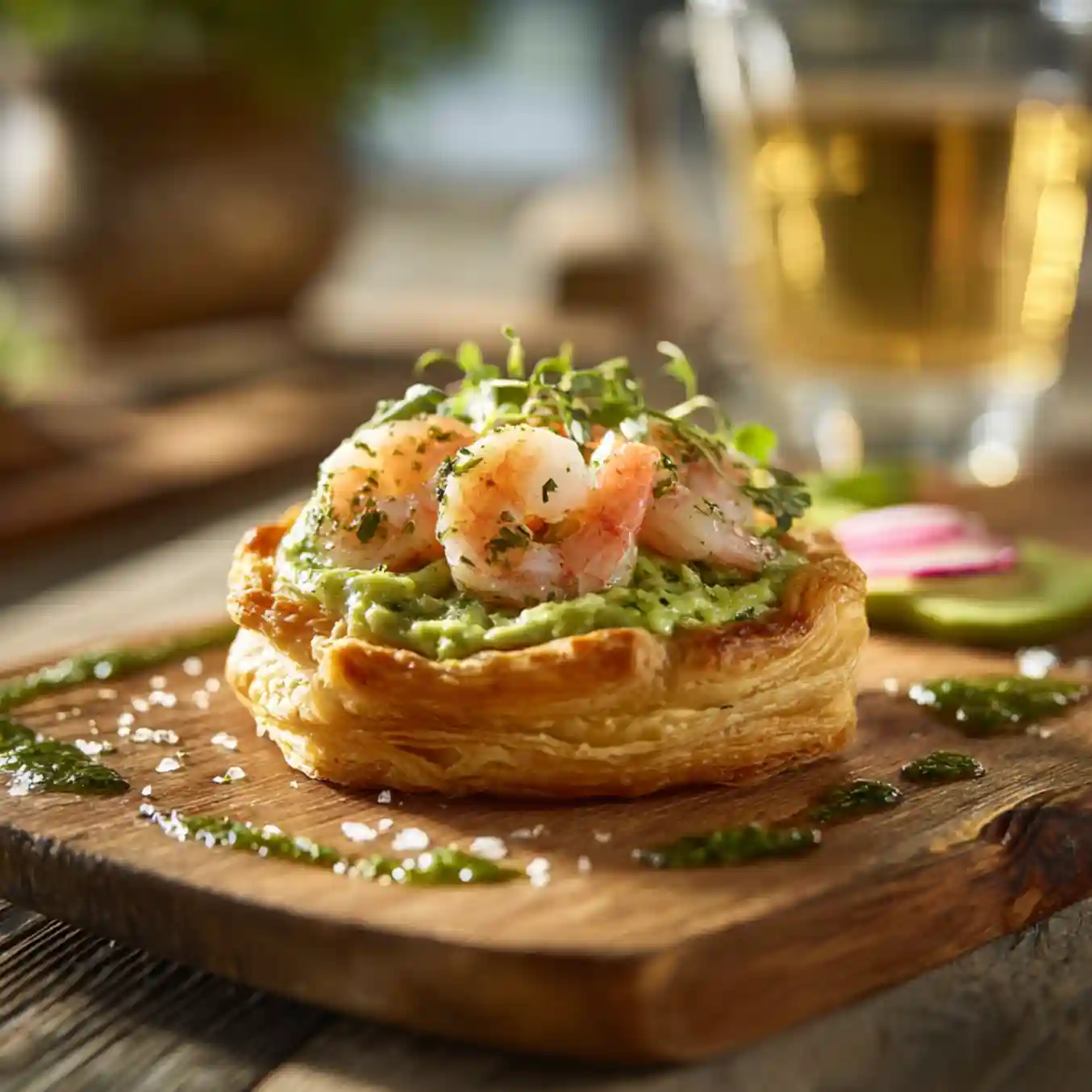 Shrimp and Avocado Tart with Herb Oil on flaky puff pastry
