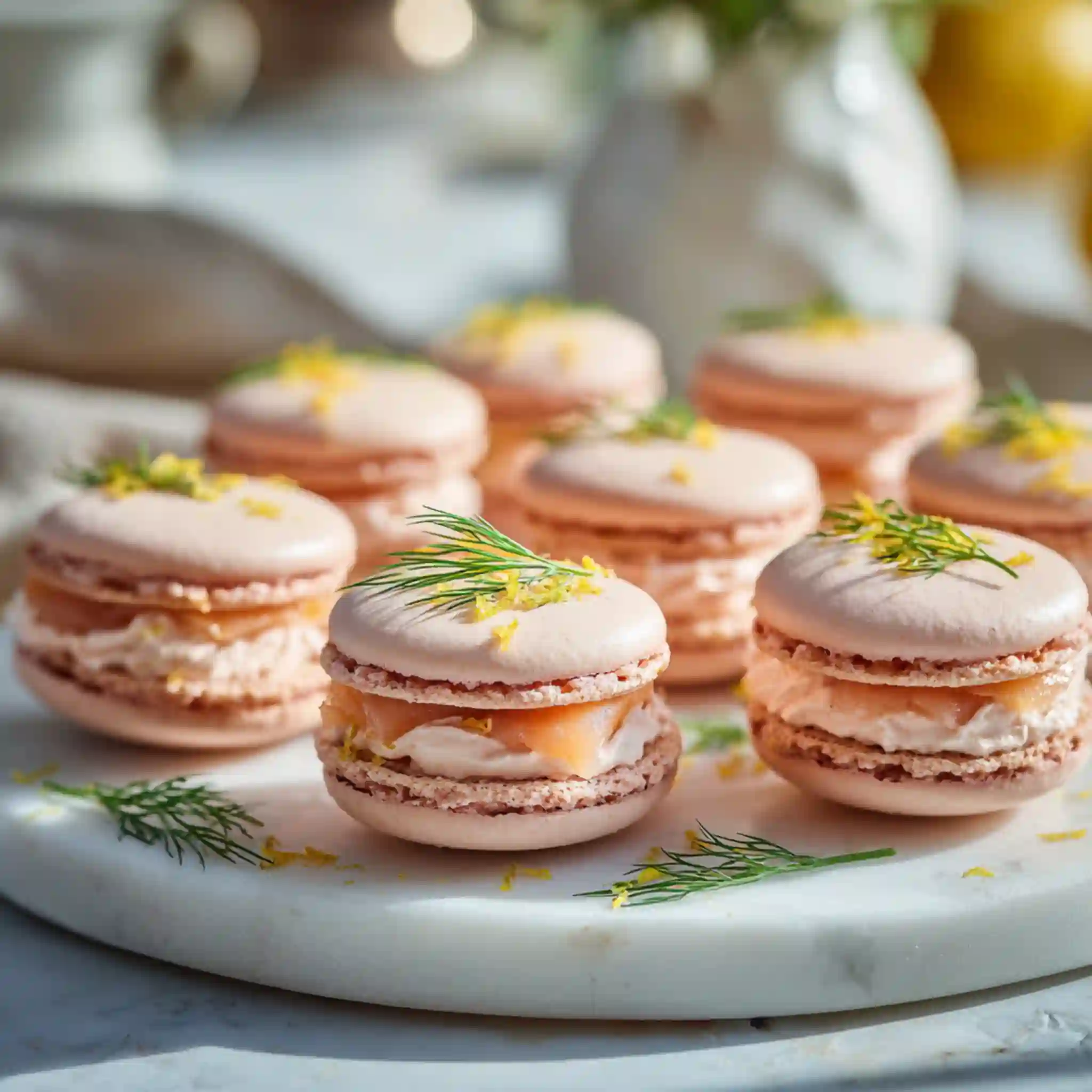 Smoked Salmon Macarons: Elegant Savory Bites for Entertaining 1 Smoked Salmon Macarons with cream cheese filling and dill