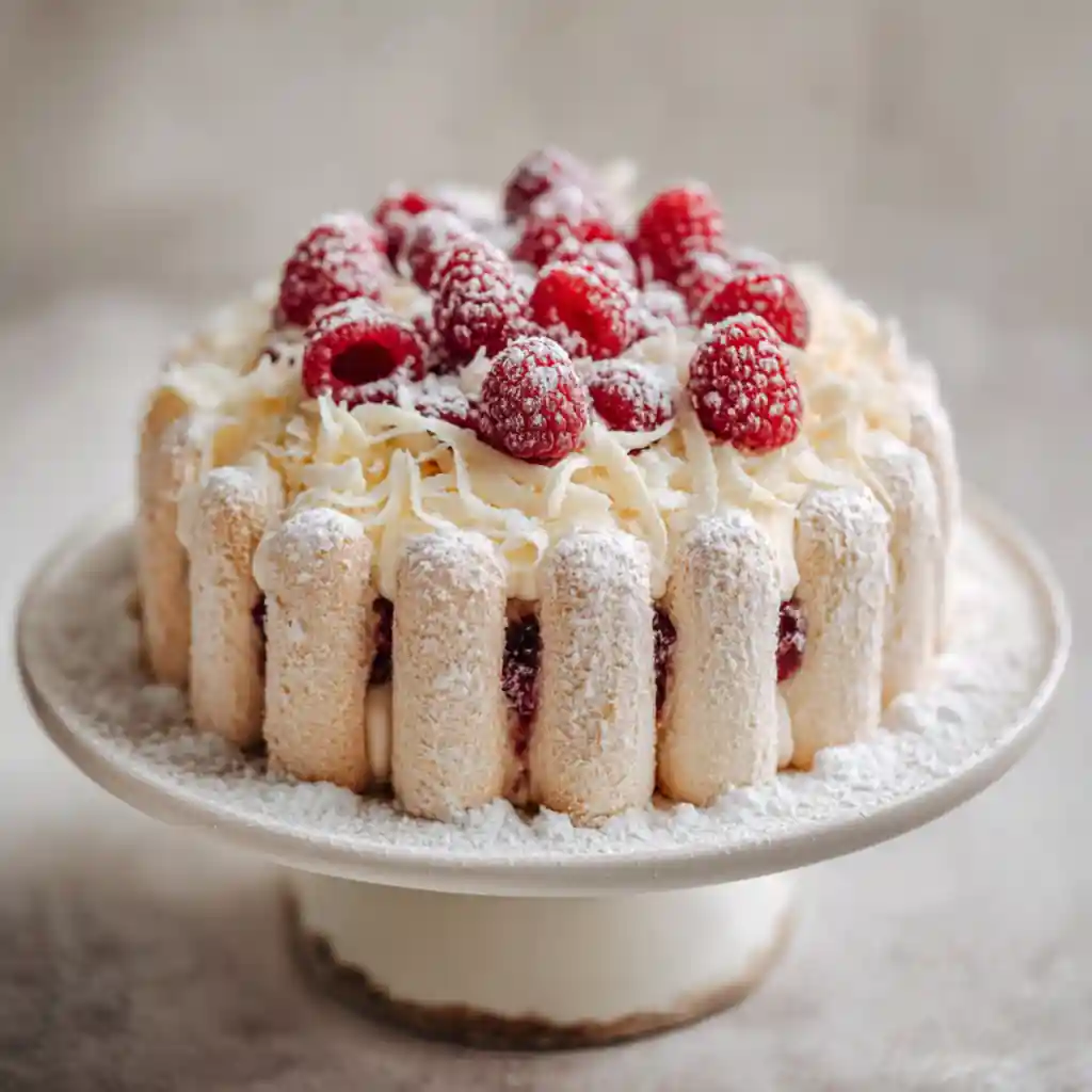nowy White Chocolate Raspberry Charlotte dusted with powdered sugar