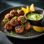 Spicy lamb meatballs served with creamy green dip and herbs
