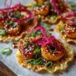 Spicy shrimp on crispy rice paper chips with pickles and spicy mayo