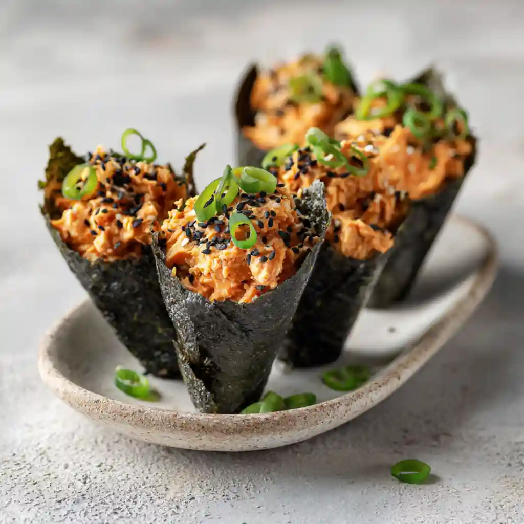 Spicy Tuna Sesame Miso Cones – creamy spicy tuna in crisp nori cones