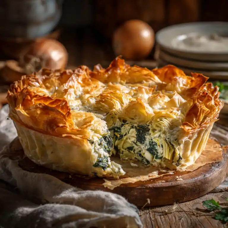 Spinach & Artichoke Crinkle Pie with crispy phyllo and creamy filling
