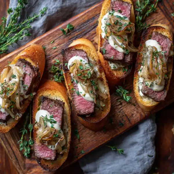 Steak Crostini with Horseradish Sauce & Caramelized Onions – elegant appetizer