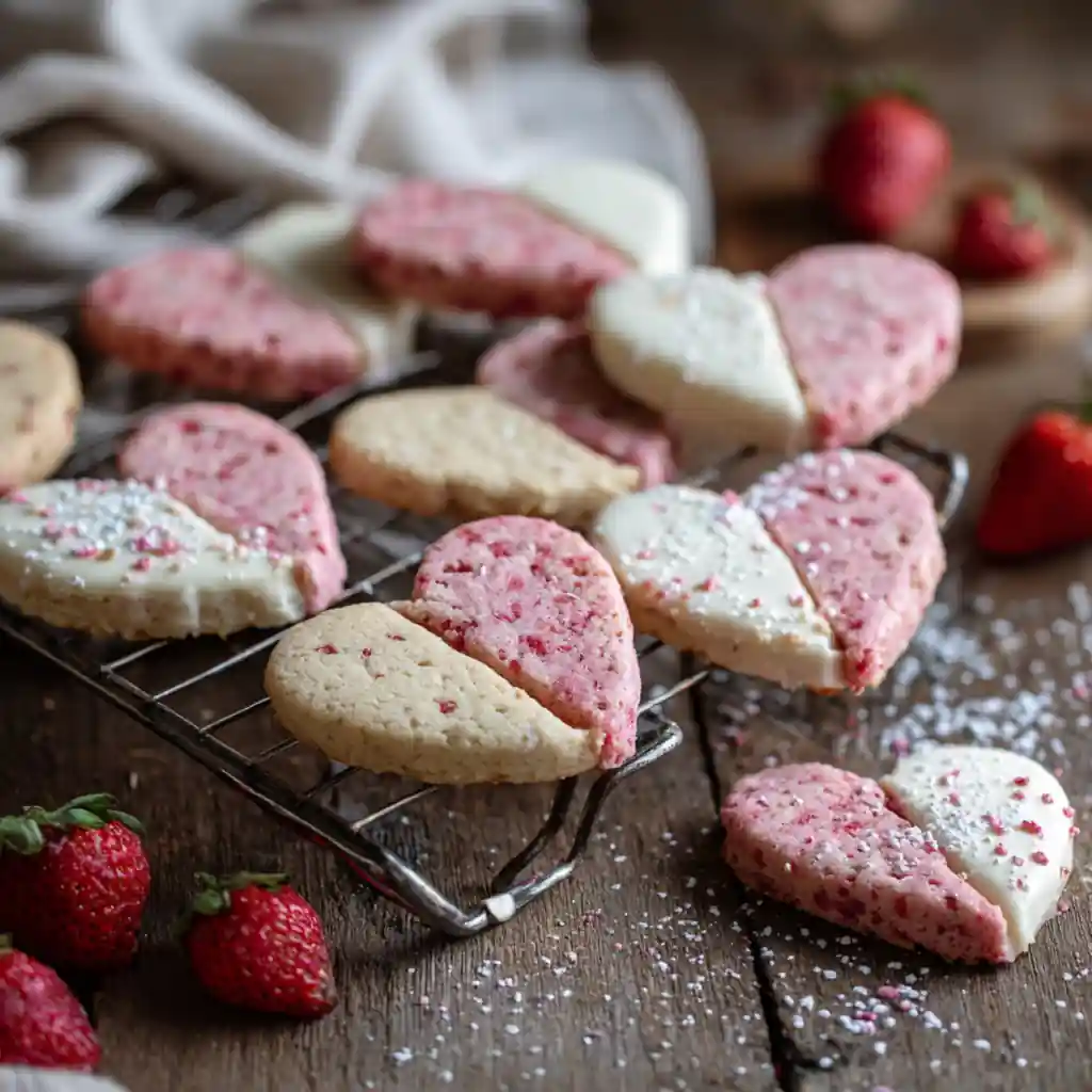 Strawberry Shortbread Valentine Cookies: Buttery, Sweet & Pretty 2 Strawberry shortbread Valentine cookies with white chocolate drizzle