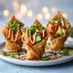Sushi Wonton Cones – Crispy, Spicy, No-Roll Party Bites 3 Sushi wonton cones filled with spicy salmon, avocado, and cucumber