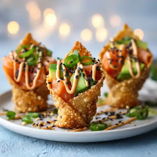 Sushi Wonton Cones – Crispy, Spicy, No-Roll Party Bites 2 Sushi wonton cones filled with spicy salmon, avocado, and cucumber