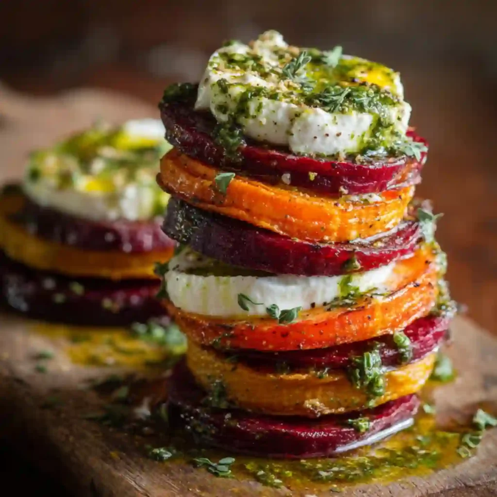 Sweet Potato and Beet Stacks with Pesto and Burrata – colorful layered vegetable dish with creamy burrata