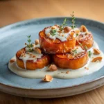 Sweet Potato Fondant with Smoked Almond Cream 3 Sweet Potato Fondant with Smoked Almond Cream plated with thyme and crushed almonds