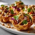 Thai peanut chicken wonton cups with crunchy slaw and peanut drizzle