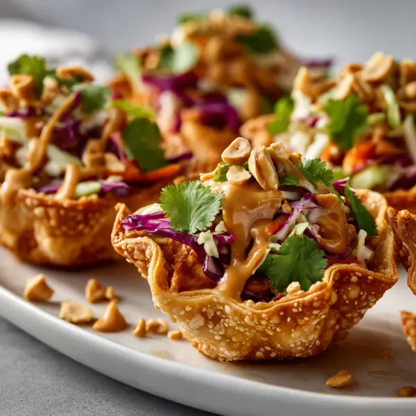 Thai peanut chicken wonton cups with crunchy slaw and peanut drizzle