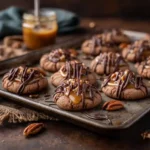 Thumbprint Turtle Cookies with caramel filling and chocolate drizzle
