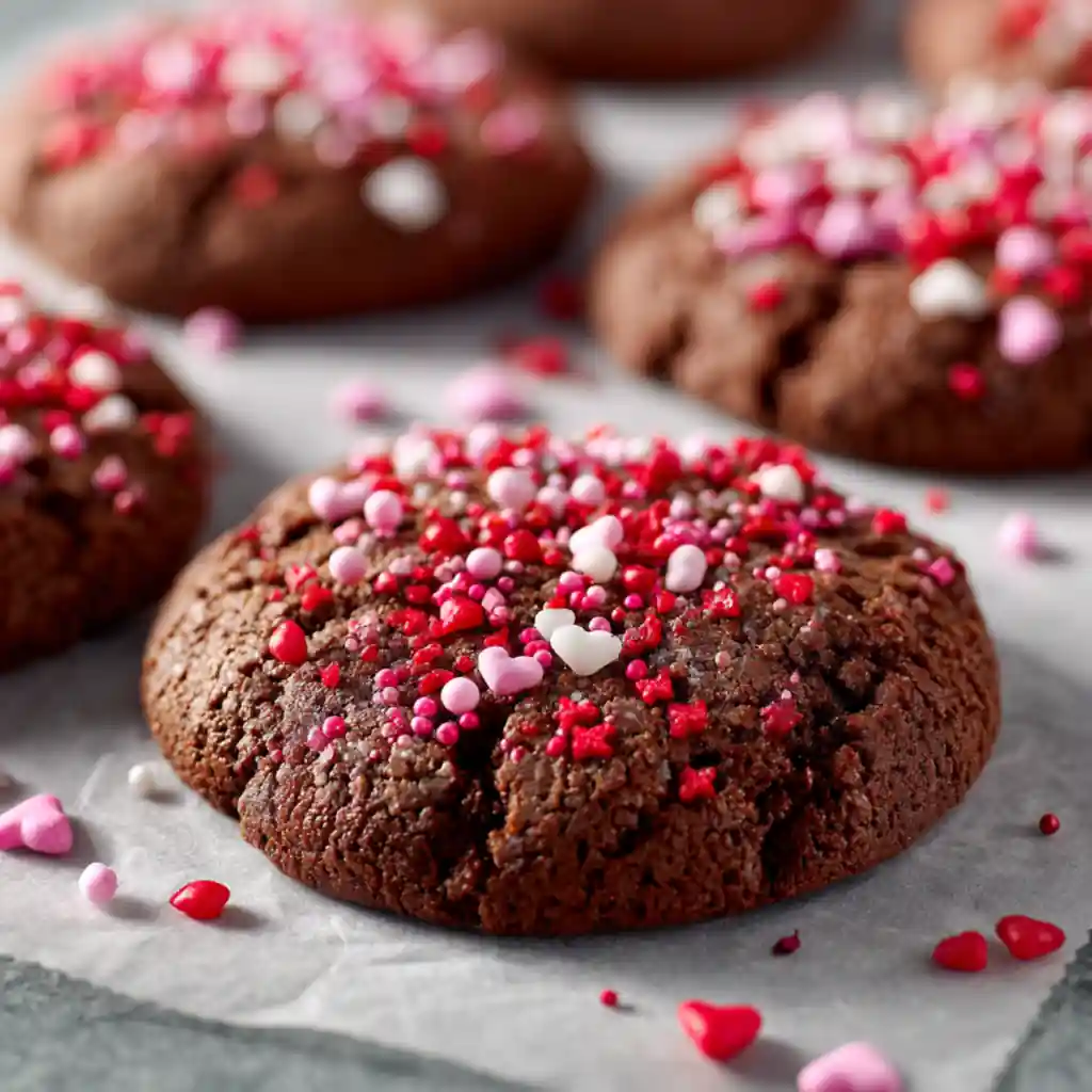 Chocolate Valentine Cookies with Sprinkles on a baking tray