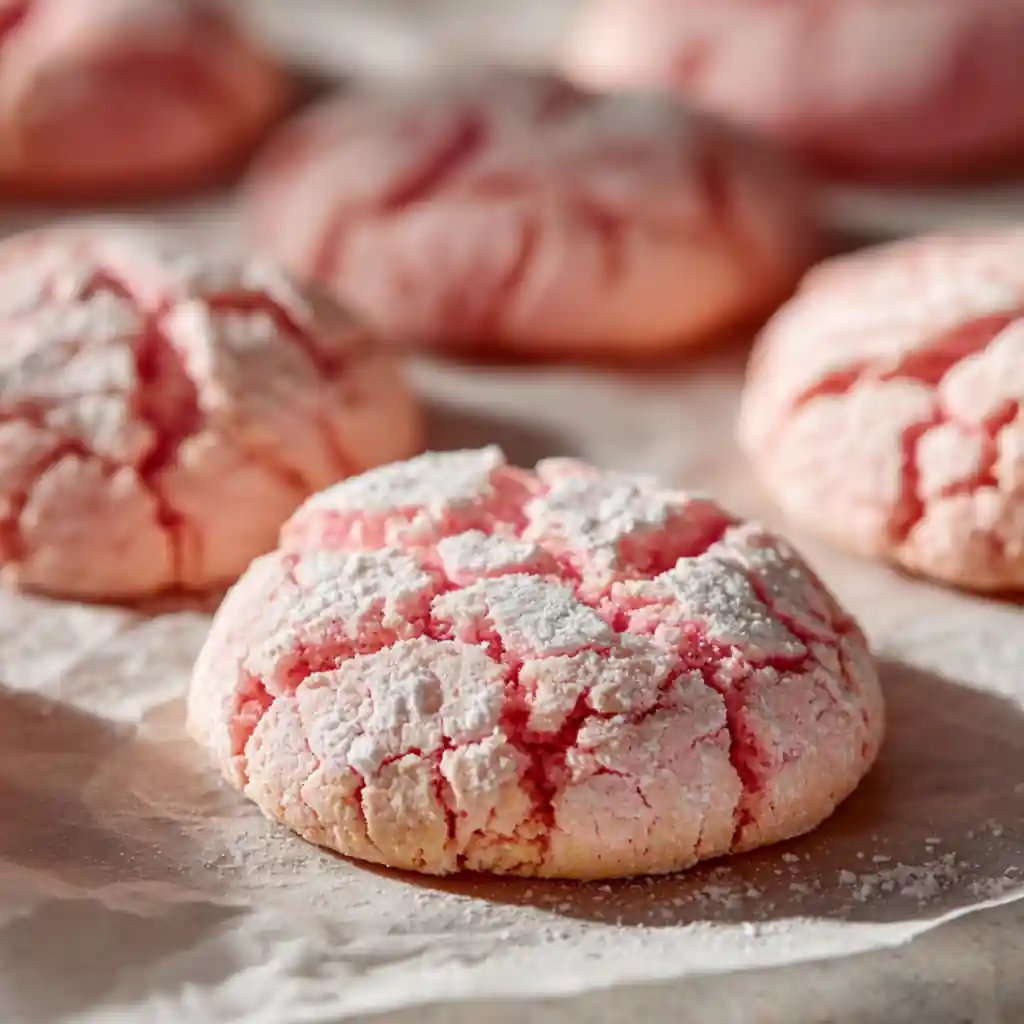 Valentine’s Day Crinkle Cookies , soft pink cookies rolled in powdered sugar on a baking tray