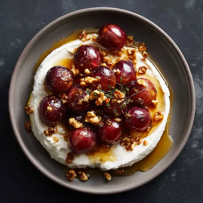 Whipped feta dip topped with roasted grapes, walnuts, and hot honey drizzle