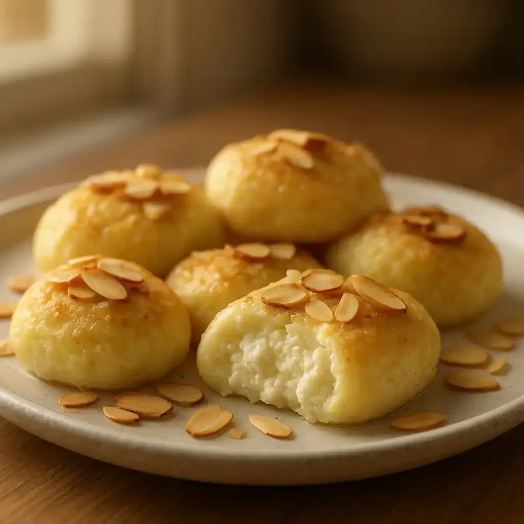 Soft Ricotta Almond Pillows: Cozy No-Fuss Family Treat 1 Soft Ricotta Almond Pillows on a plate, close up showing tender ricotta centers and toasted almond topping