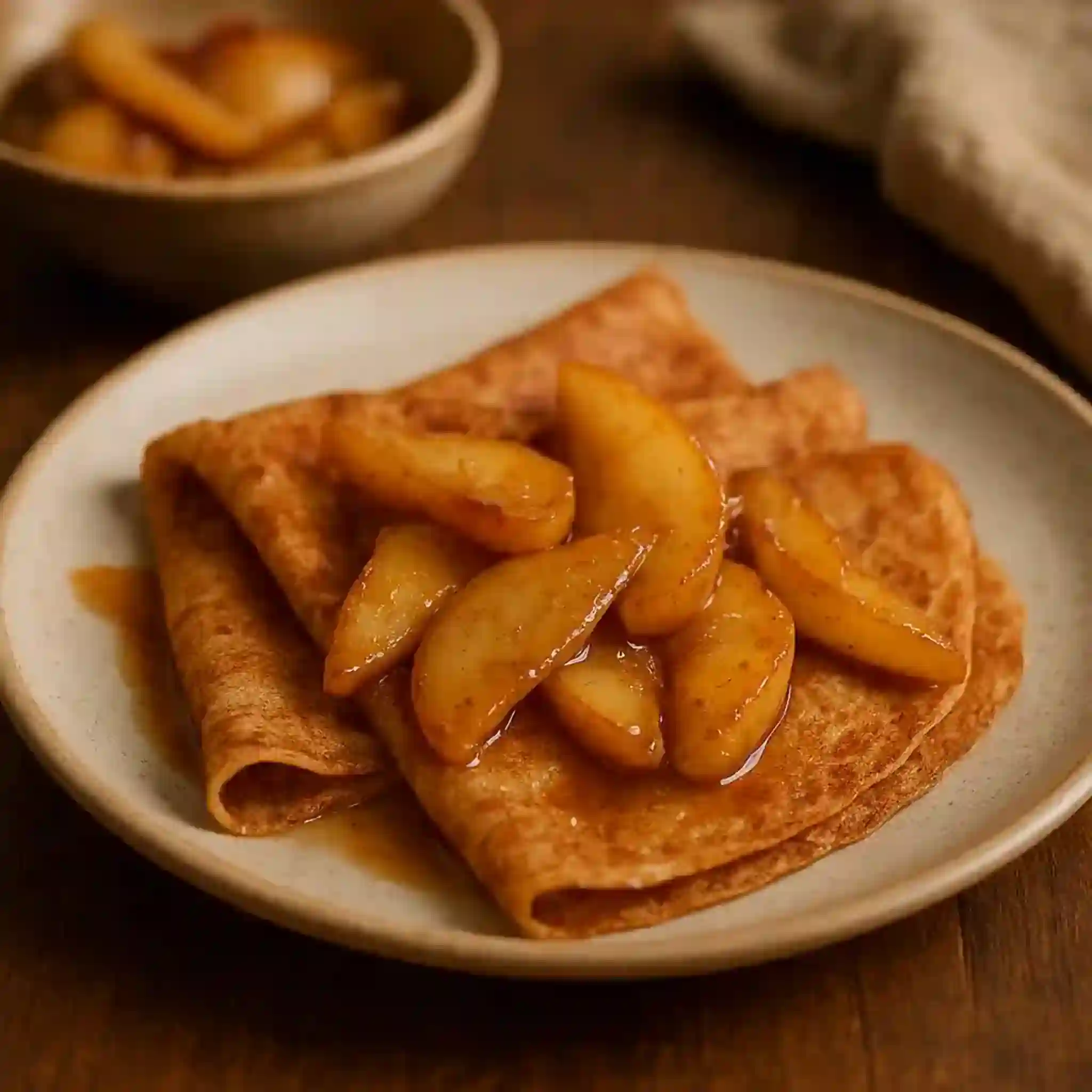 Plate of cinnamon crepes with caramelized pears, warm and cozy brunch dish