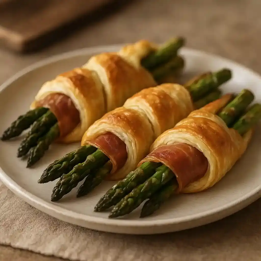 Golden Prosciutto Asparagus Puff Pastry Bundles on a rustic plate, flaky pastry and tender asparagus, Prosciutto Asparagus Puff Pastry Bundles