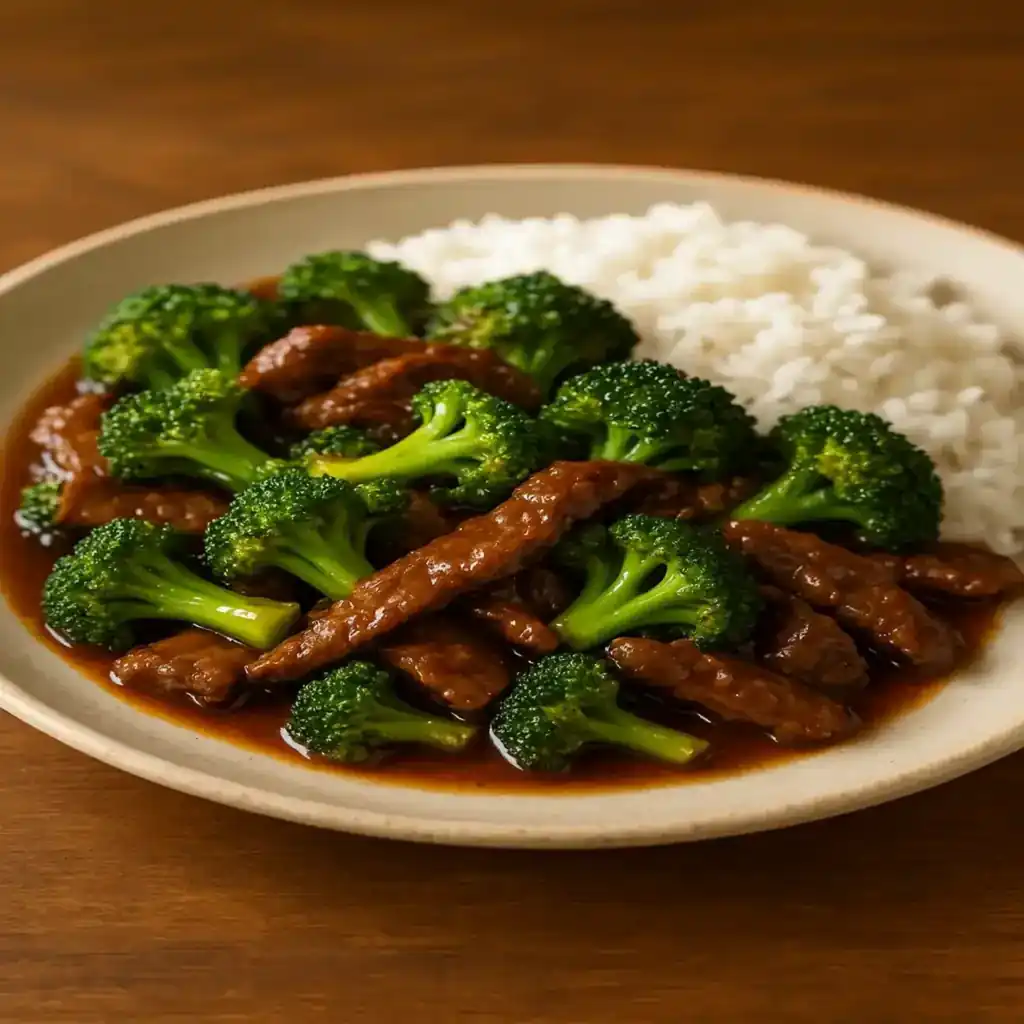 Plated High Protein Beef and Broccoli (Healthy Takeout Style) with tender sliced beef and bright broccoli, warm and comforting home-style meal