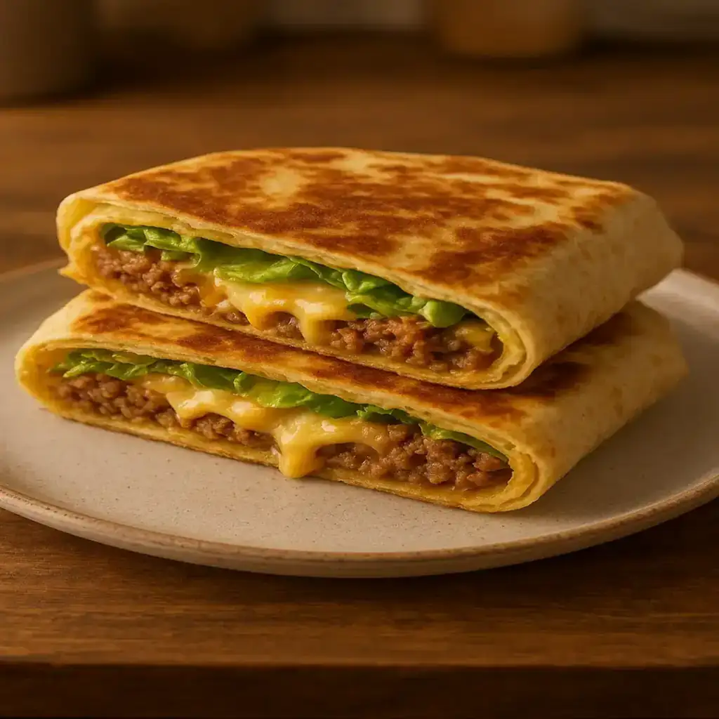A warm, reassuring image of a Keto Crunchwraps Recipe plated at the table. Close-up textures show melty cheese and crisp edges, inviting family-style comfort in Lina’s cozy kitchen voice.
