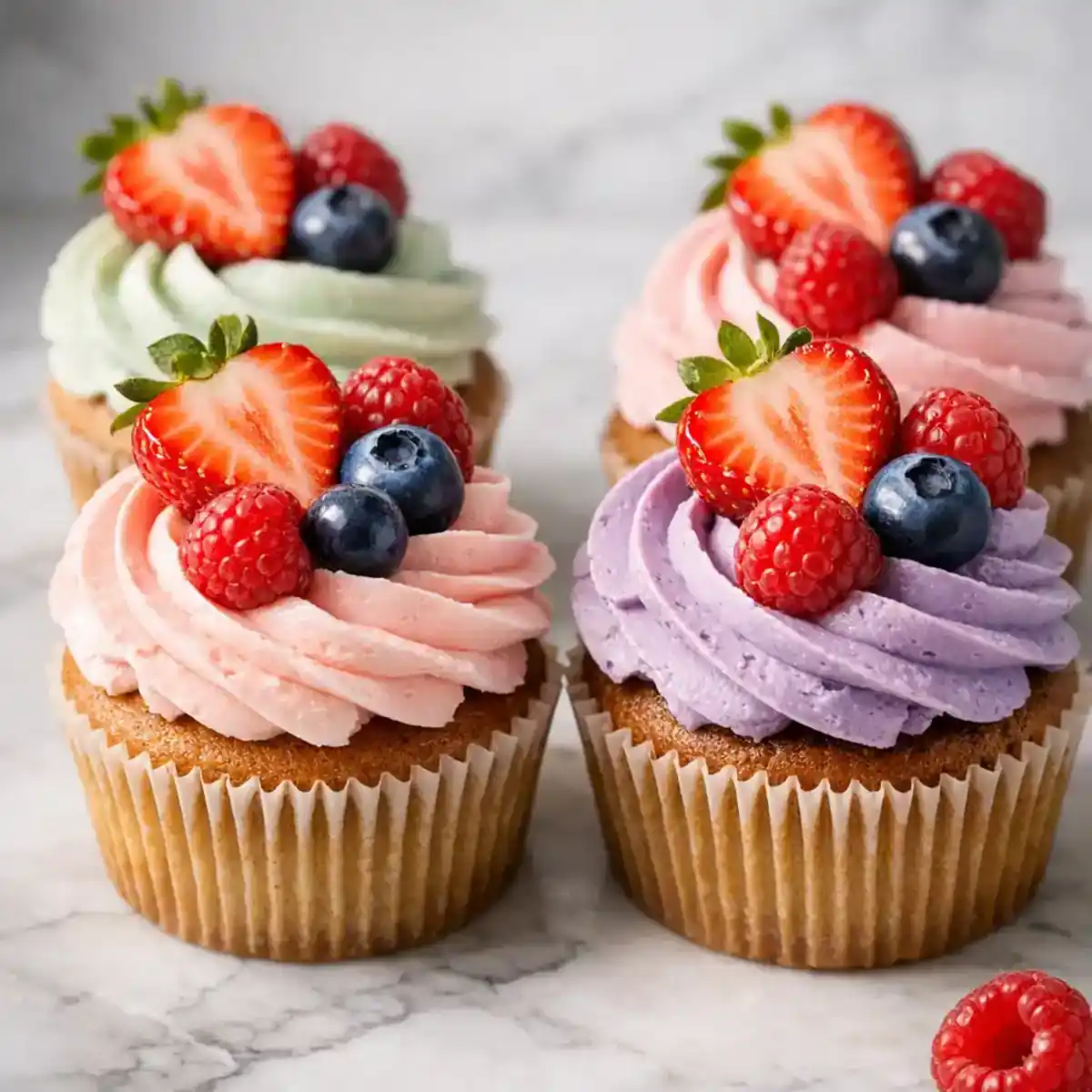 Spring Fruit Cupcakes with Light Buttercream topped with fresh berries