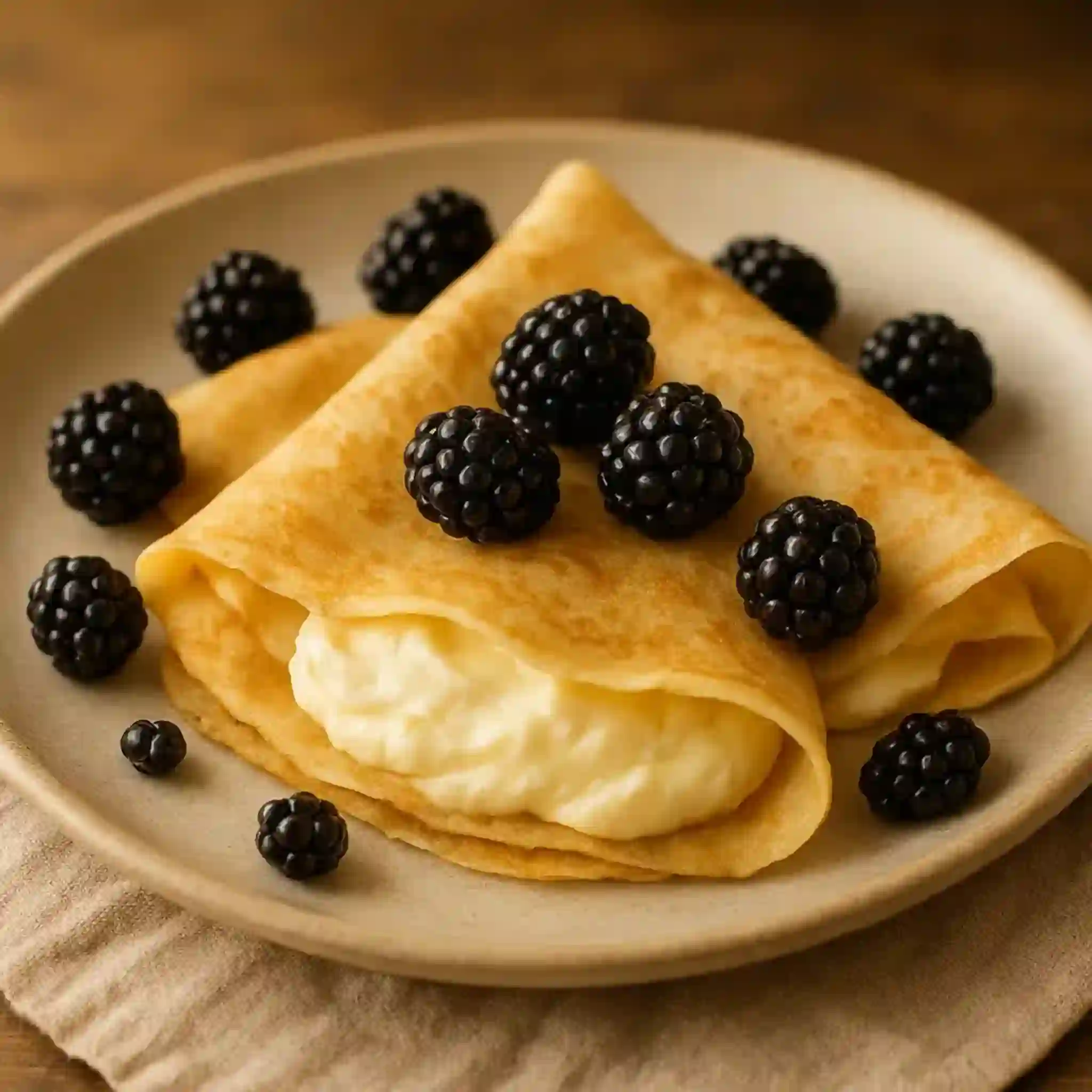 Cream Cheese Lemonade Blackberry Crepes on a plate, soft crepes folded with lemon cream and fresh blackberries, cozy kitchen vibe